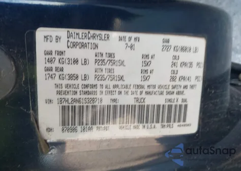 2001 Dodge Dakota Slt/Sport z USA, uszkodzony, nr VIN 1B7HL2AN61S328710